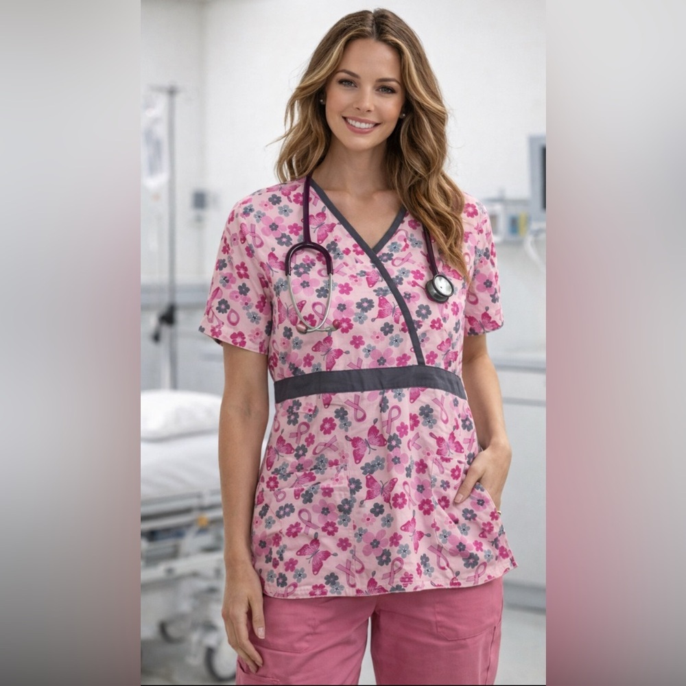 Breast cancer awareness and butterflies scrub top womens fits like a S or XS